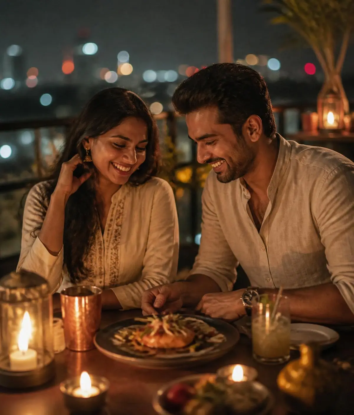 Indian couple on a candle-lit rooftop date