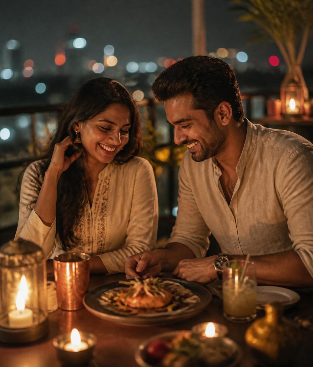 Indian couple on a candle-lit rooftop date