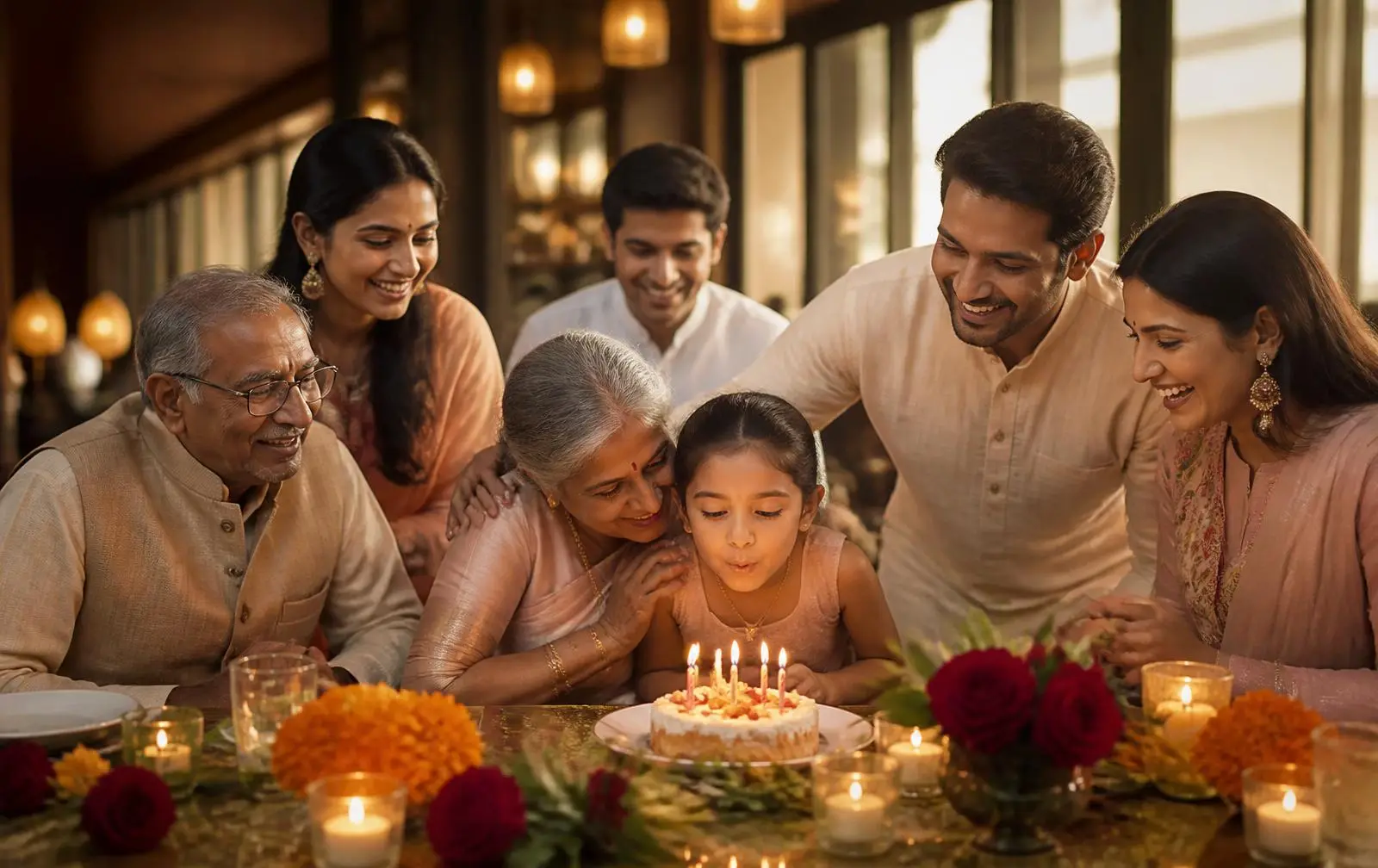 Indian family celebrating a birthday around a candle-lit table
