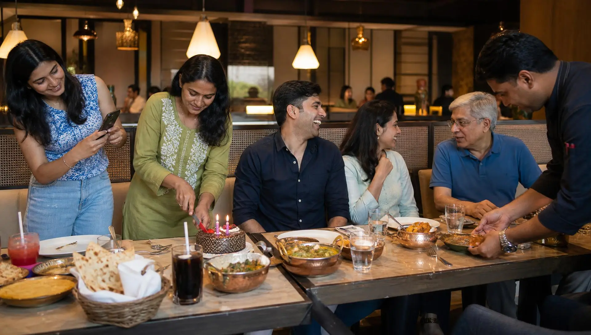 Friends and family celebrating a birthday with cake and shared dishes at a restaurant table