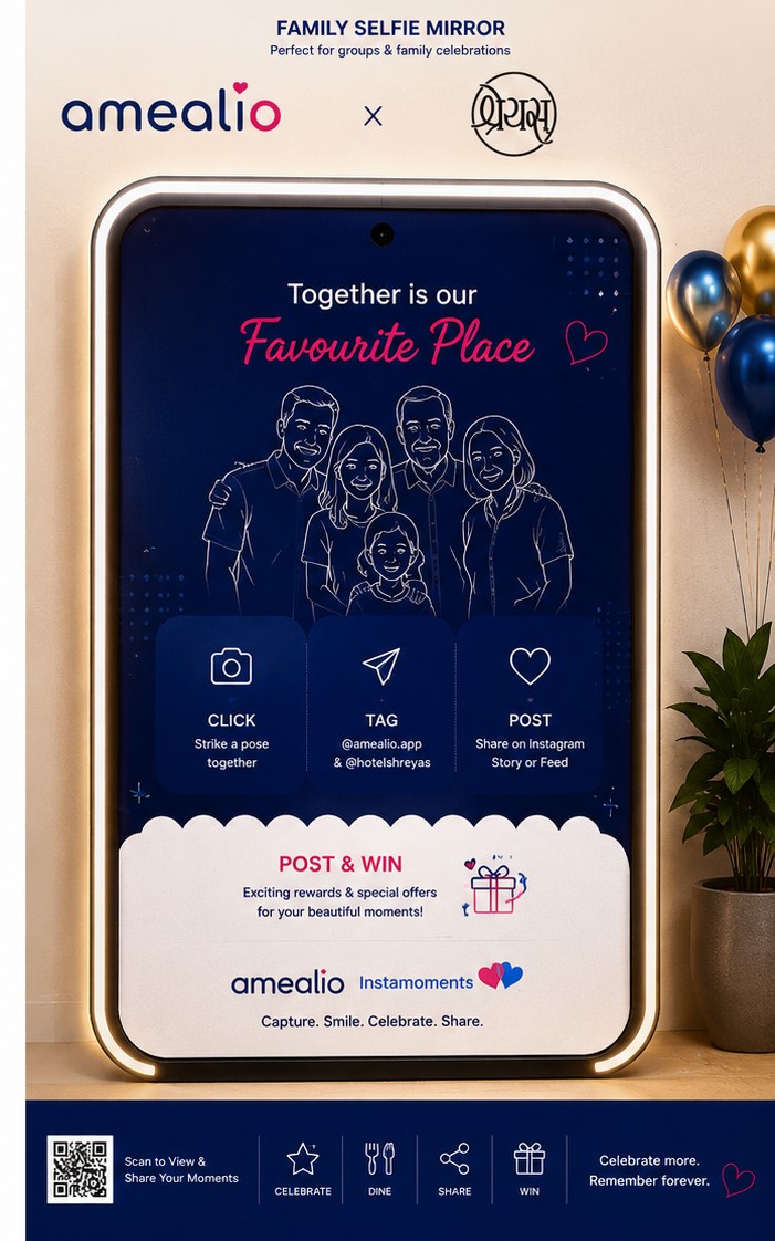 Wide-format amealio family selfie mirror sized for a group of six, showing celebration prompts and a scalloped Post and Win reward badge