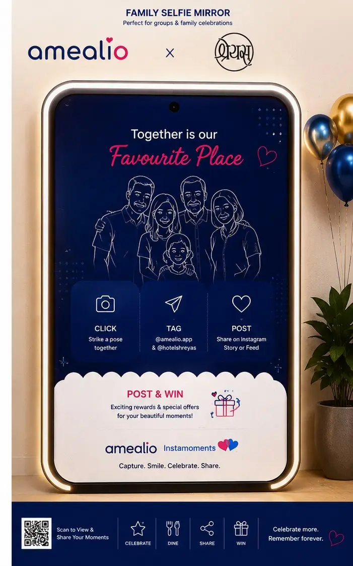 Wide-format amealio family memory mirror sized for a group of six, showing celebration prompts and a scalloped Post and Win reward badge