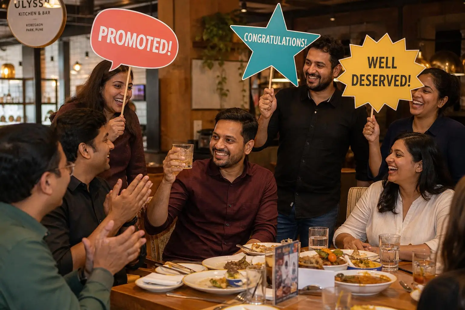 Coworkers at a restaurant table celebrating a colleague's promotion with congratulations placards