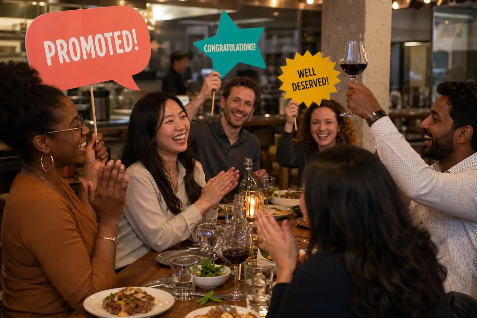 Coworkers at a restaurant table celebrating a colleague's promotion with congratulations placards