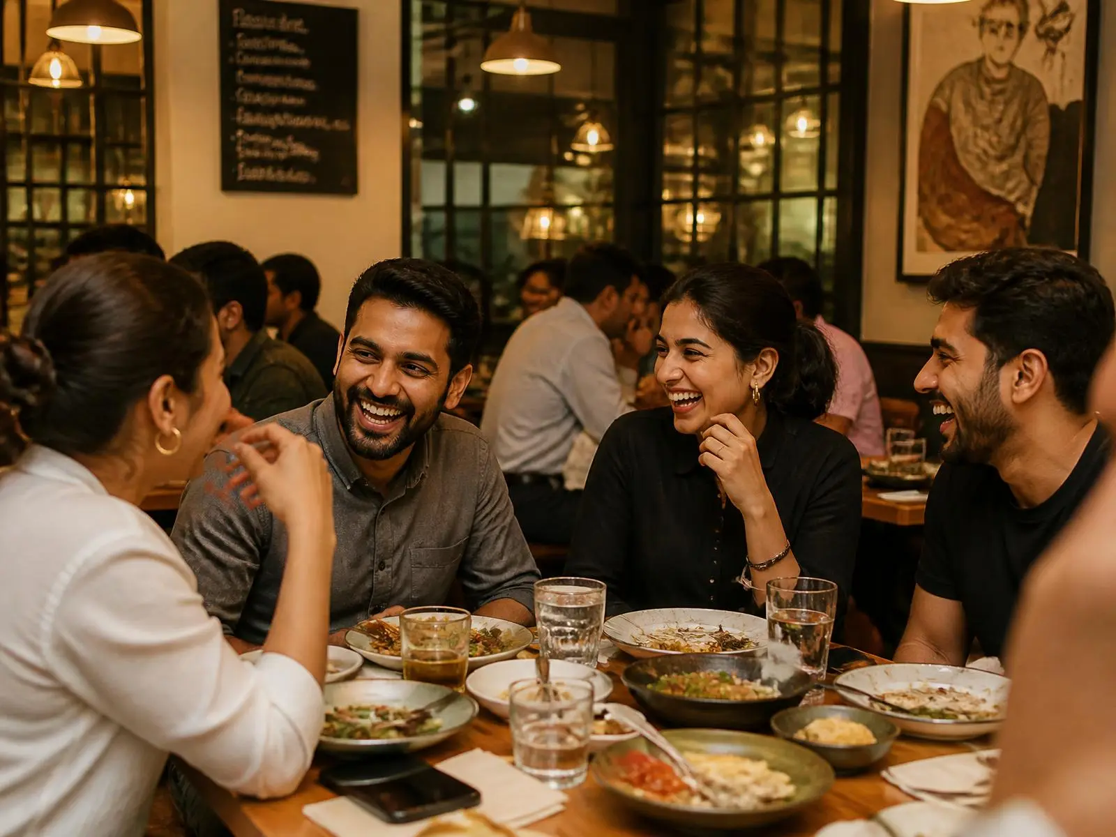 Friends sharing a meal and laughing together at a modern Indian restaurant