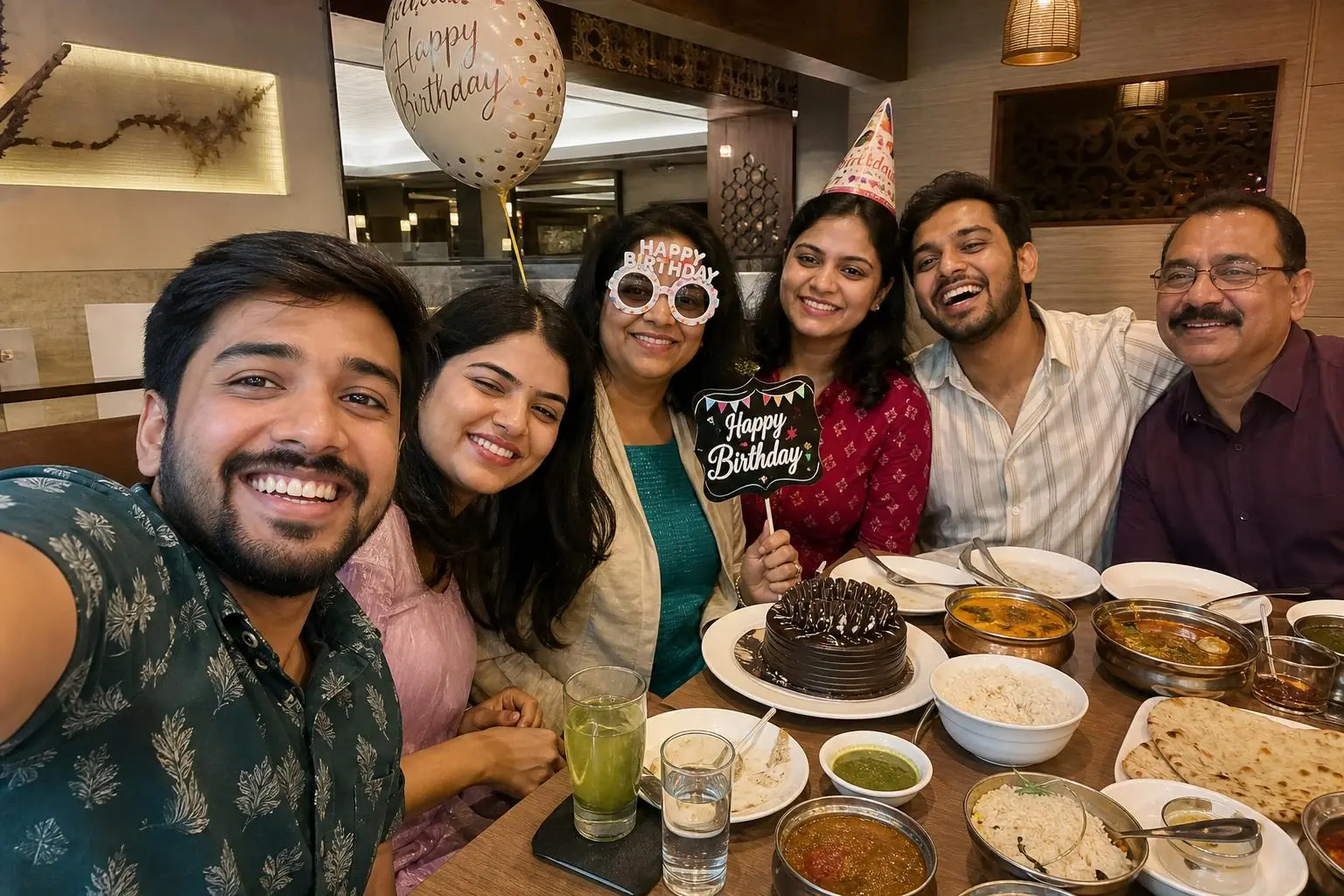 Indian friends taking a selfie together with celebration props at a restaurant