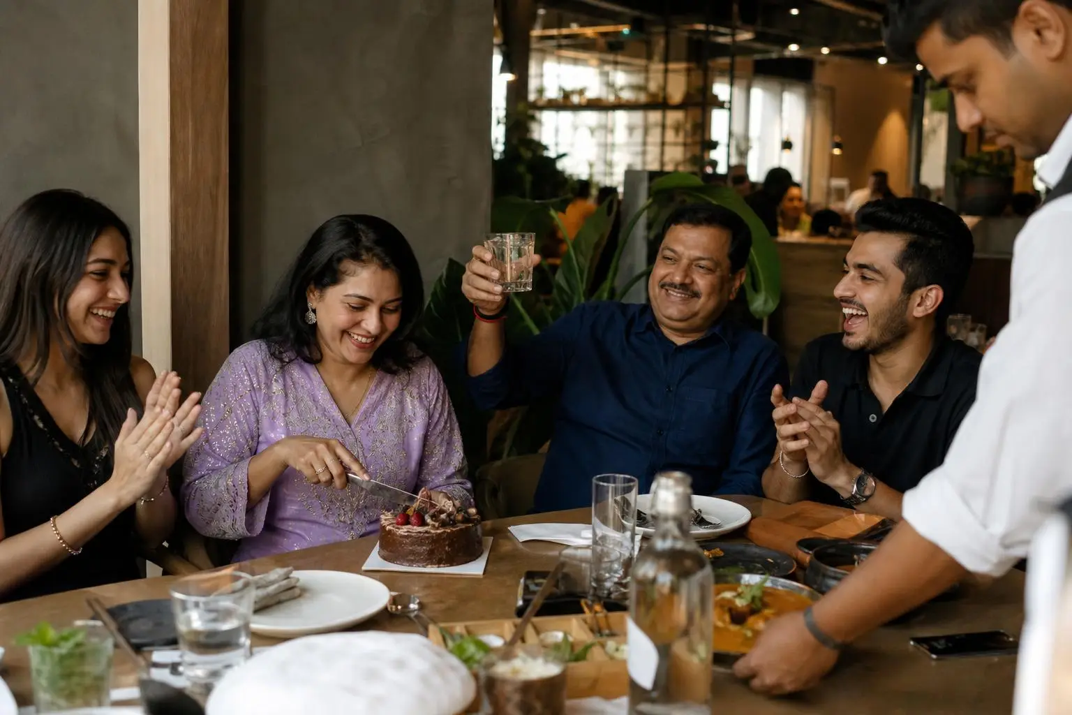 Indian family enjoying a birthday celebration together at a restaurant