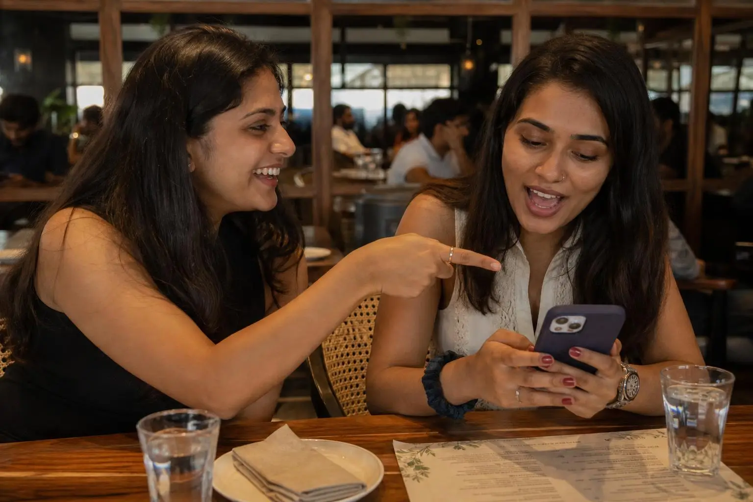 Two friends looking at restaurant options on a phone at an Indian restaurant table