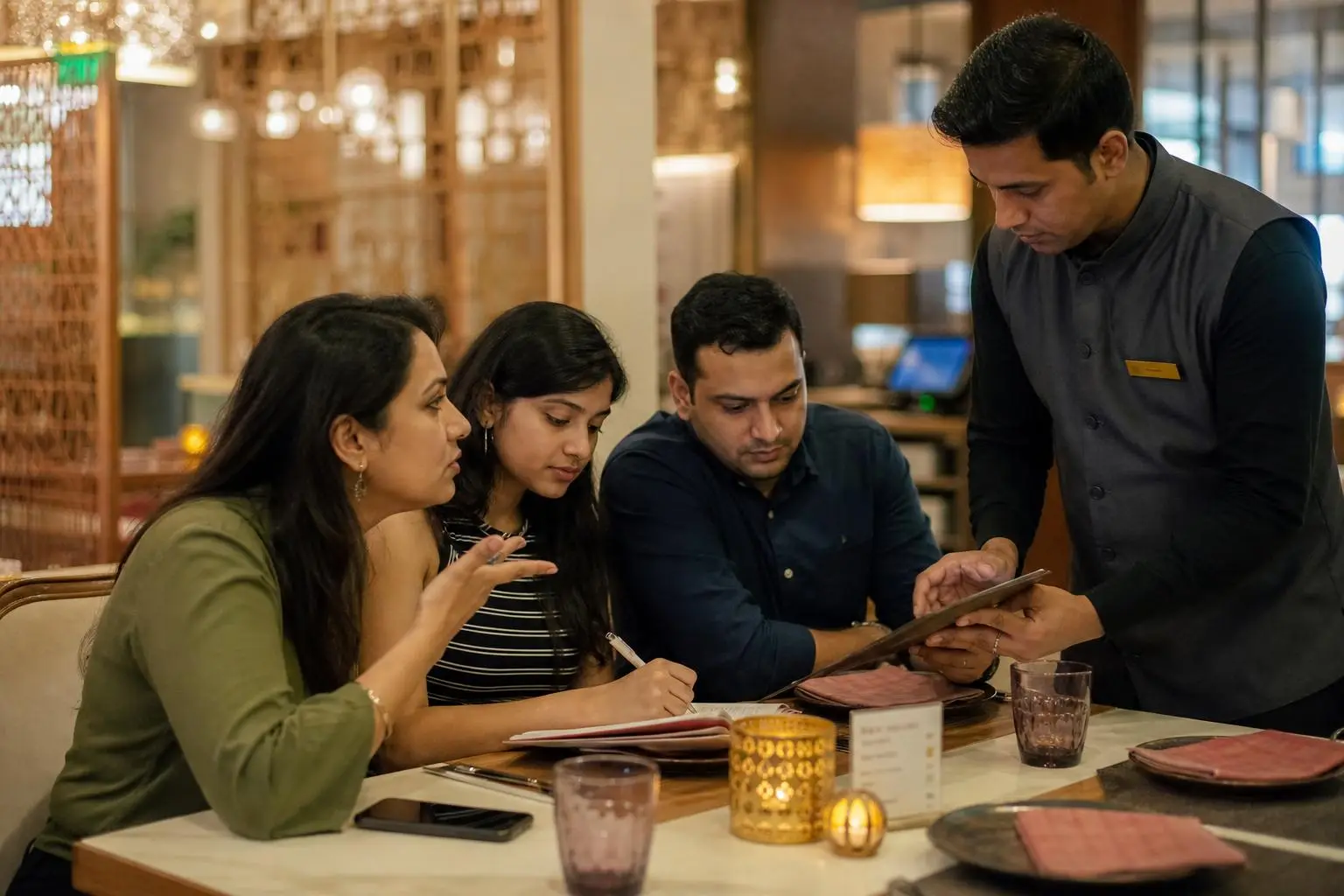 Indian family planning a celebration menu with a restaurant manager