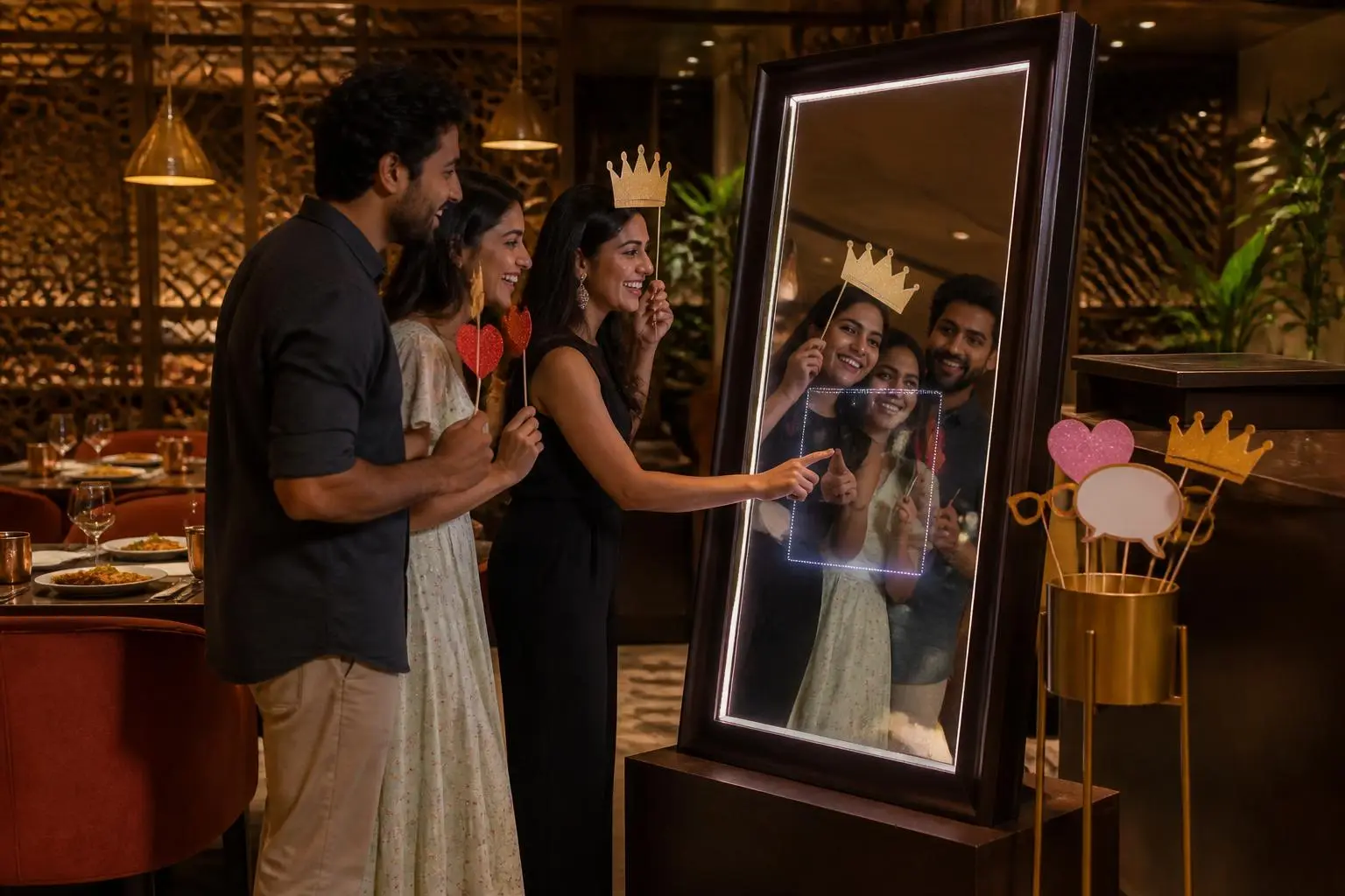 Guests interacting with a co-branded amealio Selfie Mirror in an upscale Indian restaurant