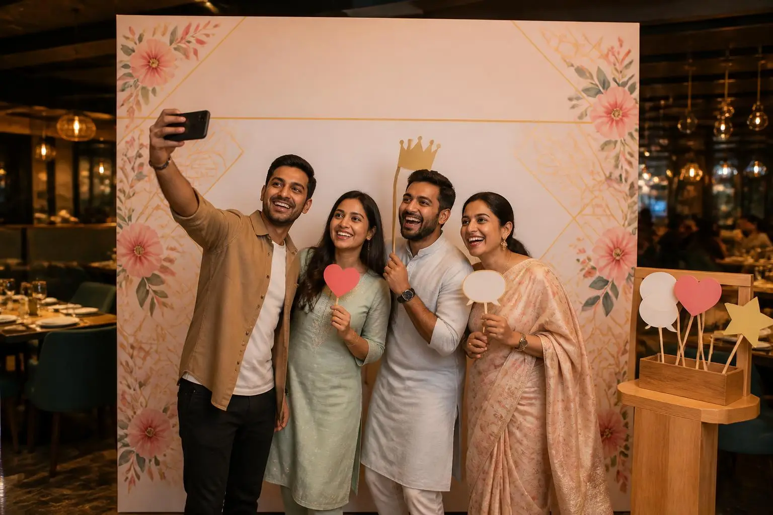 Friends taking a selfie at a co-branded amealio Selfie Wall inside an Indian restaurant