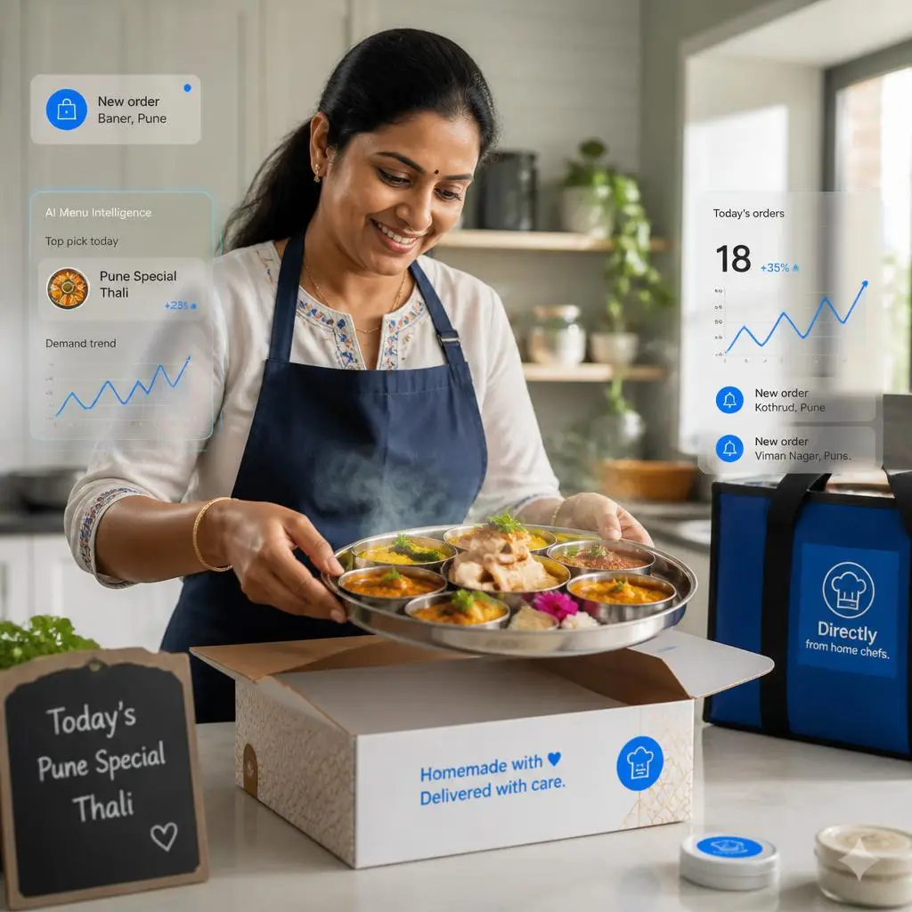 Indian home chef plating a celebration dish with subtle AI data overlay