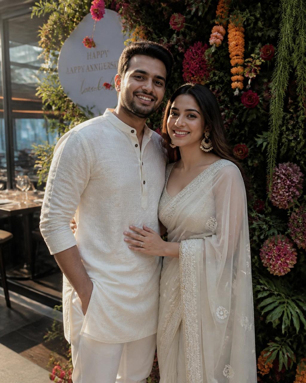 Anniversary couple in front of a floral selfie wall