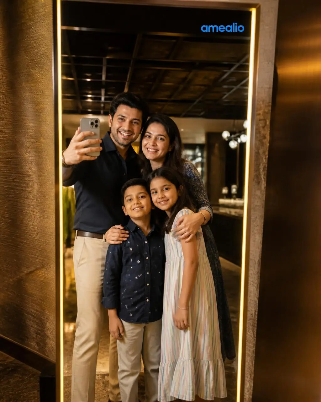 Family selfie at an amealio-branded memory mirror
