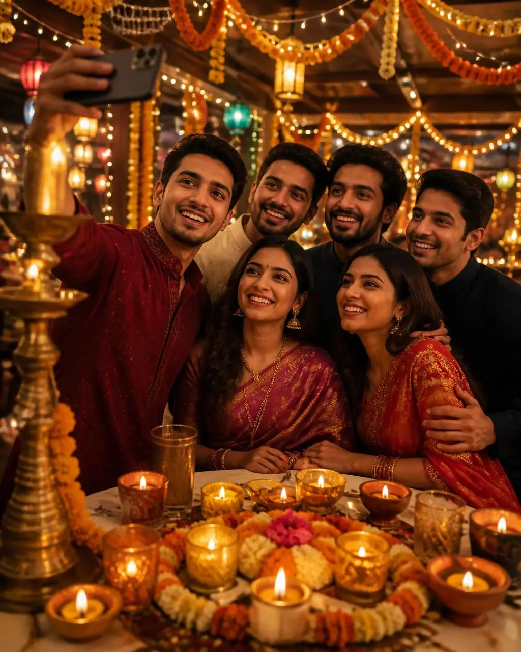 Diwali celebration selfie with marigolds and diyas