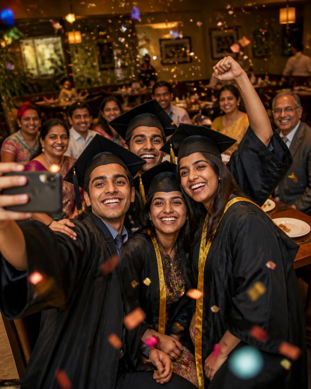 Graduation group selfie with confetti