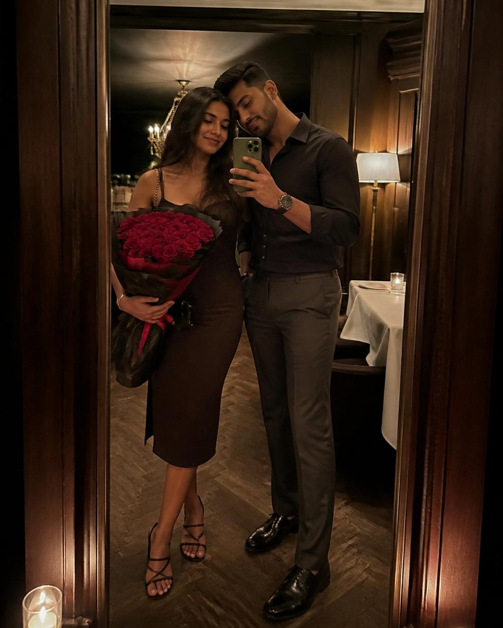 Date night mirror selfie with roses