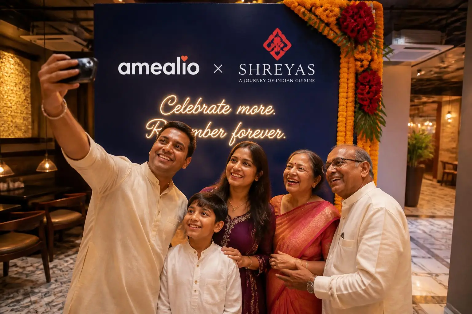 Indian family taking a selfie in front of a co-branded amealio memory wall inside a Pune restaurant