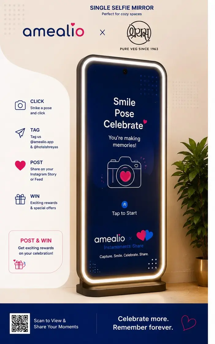 Slim upright amealio single memory mirror in a warm-lit restaurant corner, co-branded with a partner logo and showing the Click, Tag, Post, Win prompt