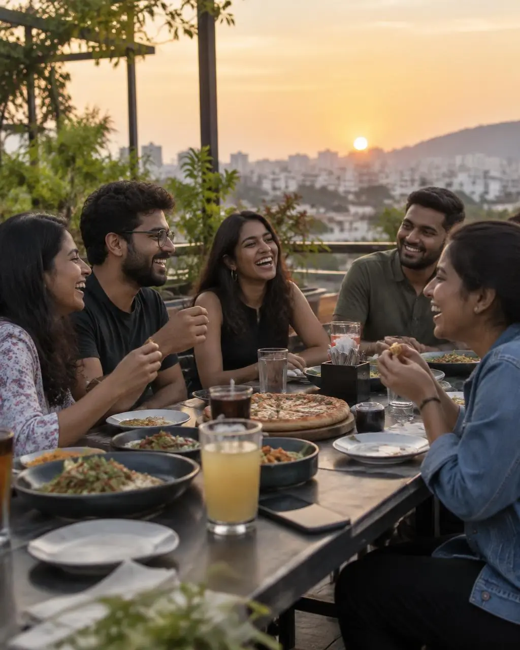 amealio team laughing together over dinner outside work