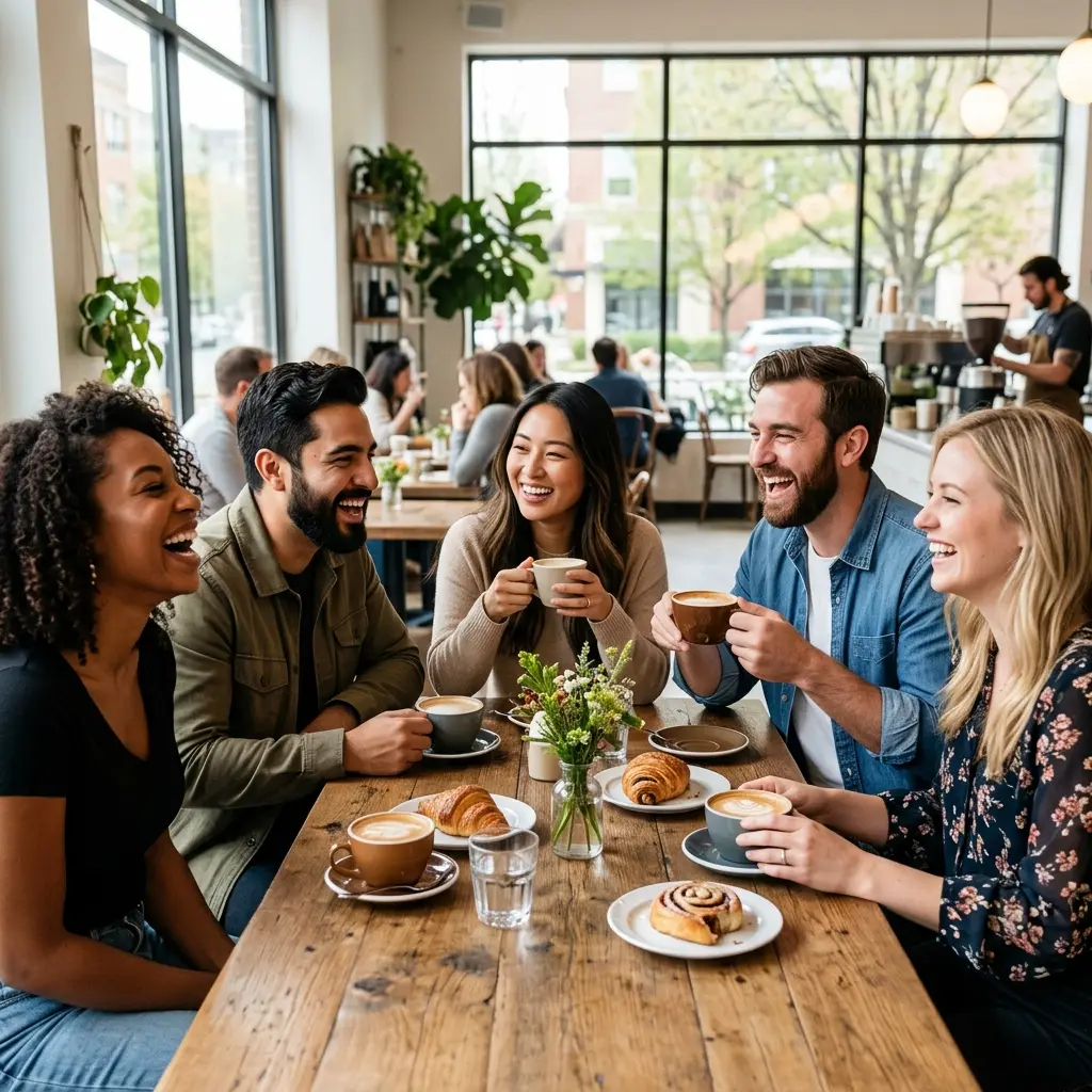 American friends reuniting at a cafe