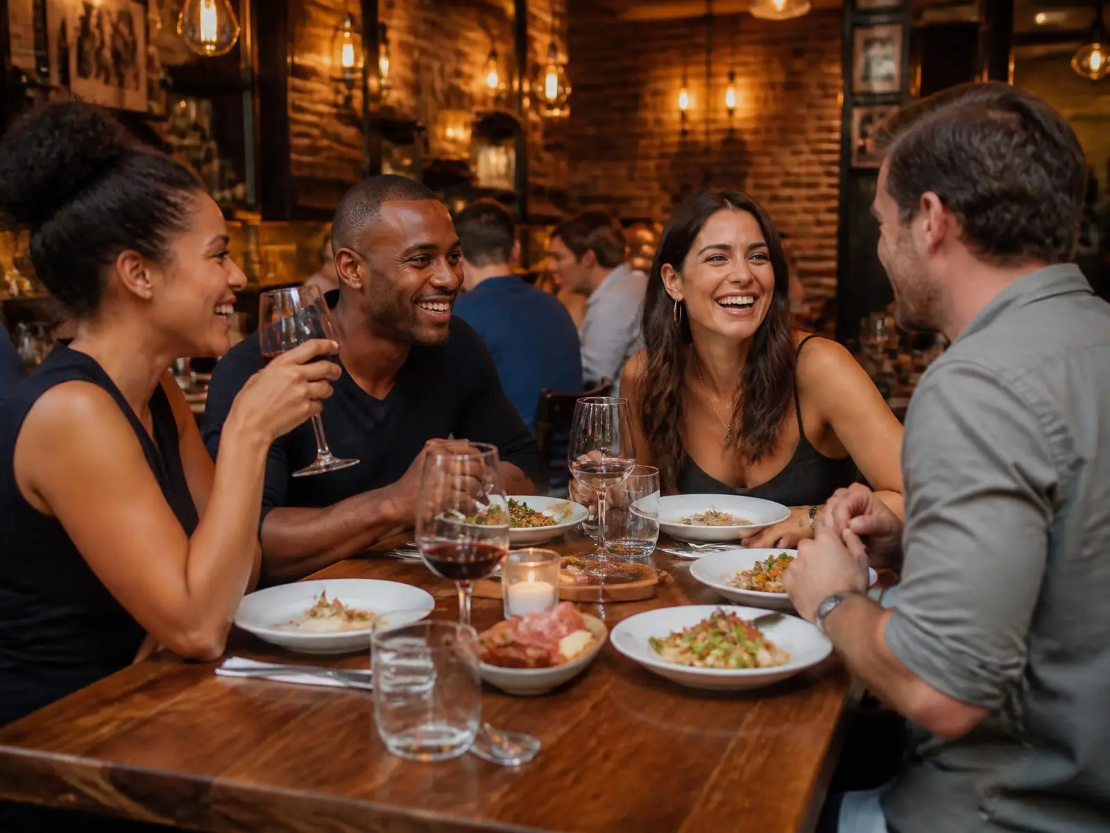 Friends sharing dinner and laughing together at an American bistro