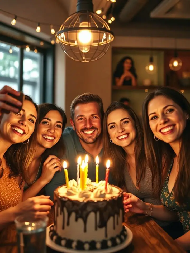 Friends taking a birthday selfie at a restaurant