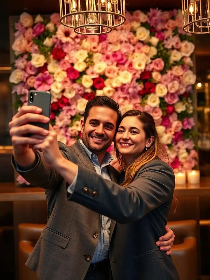 Anniversary couple in front of a floral memory wall