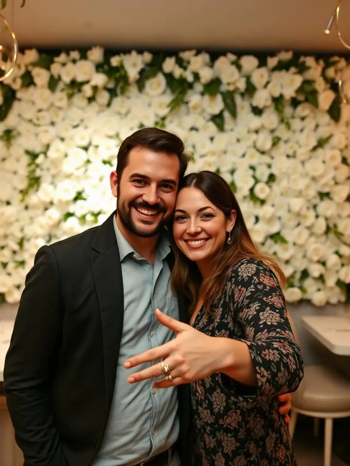 Engagement selfie in front of a floral wall