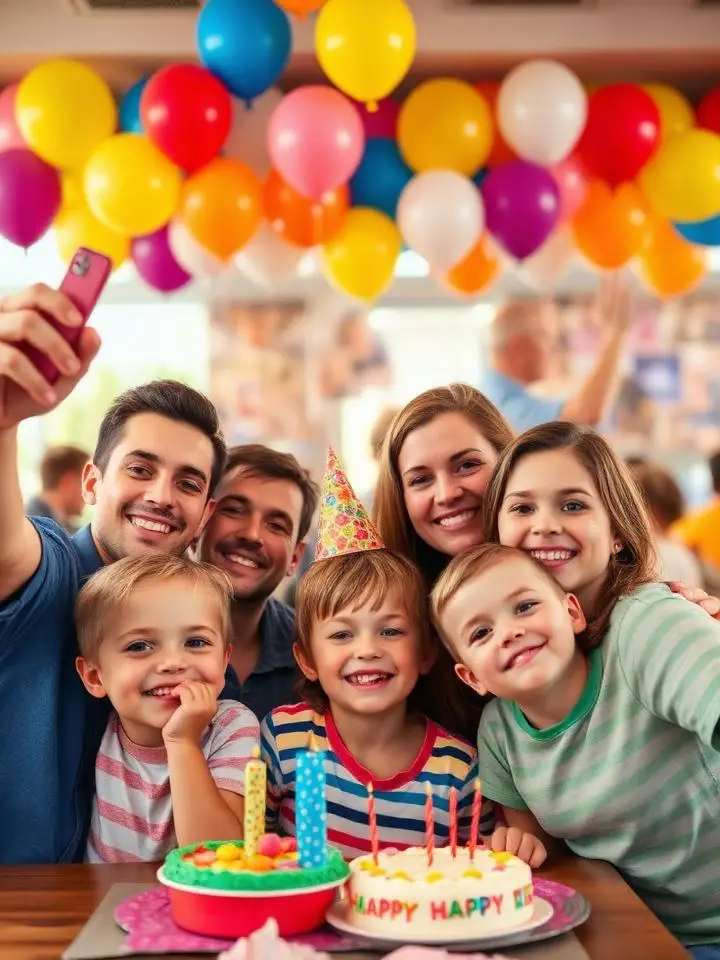 Kids birthday selfie with balloon backdrop