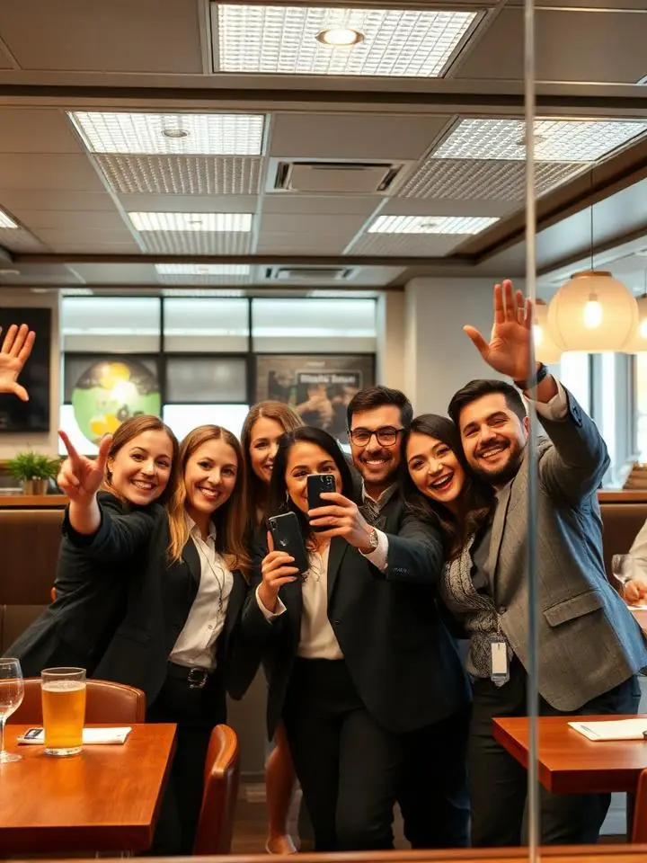 Office team promotion selfie at a mirror