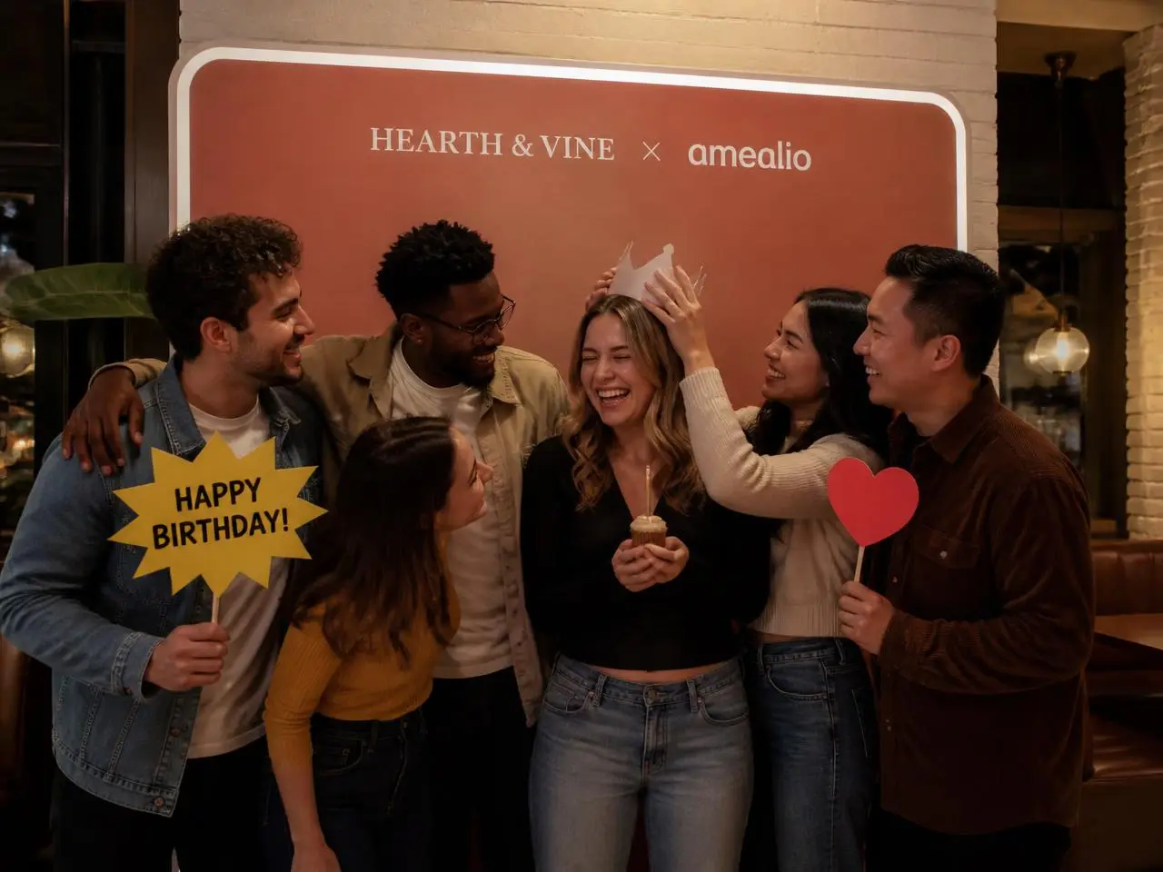 Friends celebrating a birthday at an amealio Selfie Wall on an American rooftop restaurant